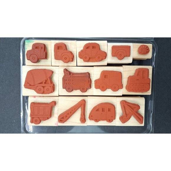 Stampin Up Fun On Wheels Rubber Stamp Set Of 13 Truck Car Tractor Fire Camper - Picture 5 of 5